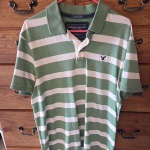 American Eagle Outfitters Green and White Striped Polo